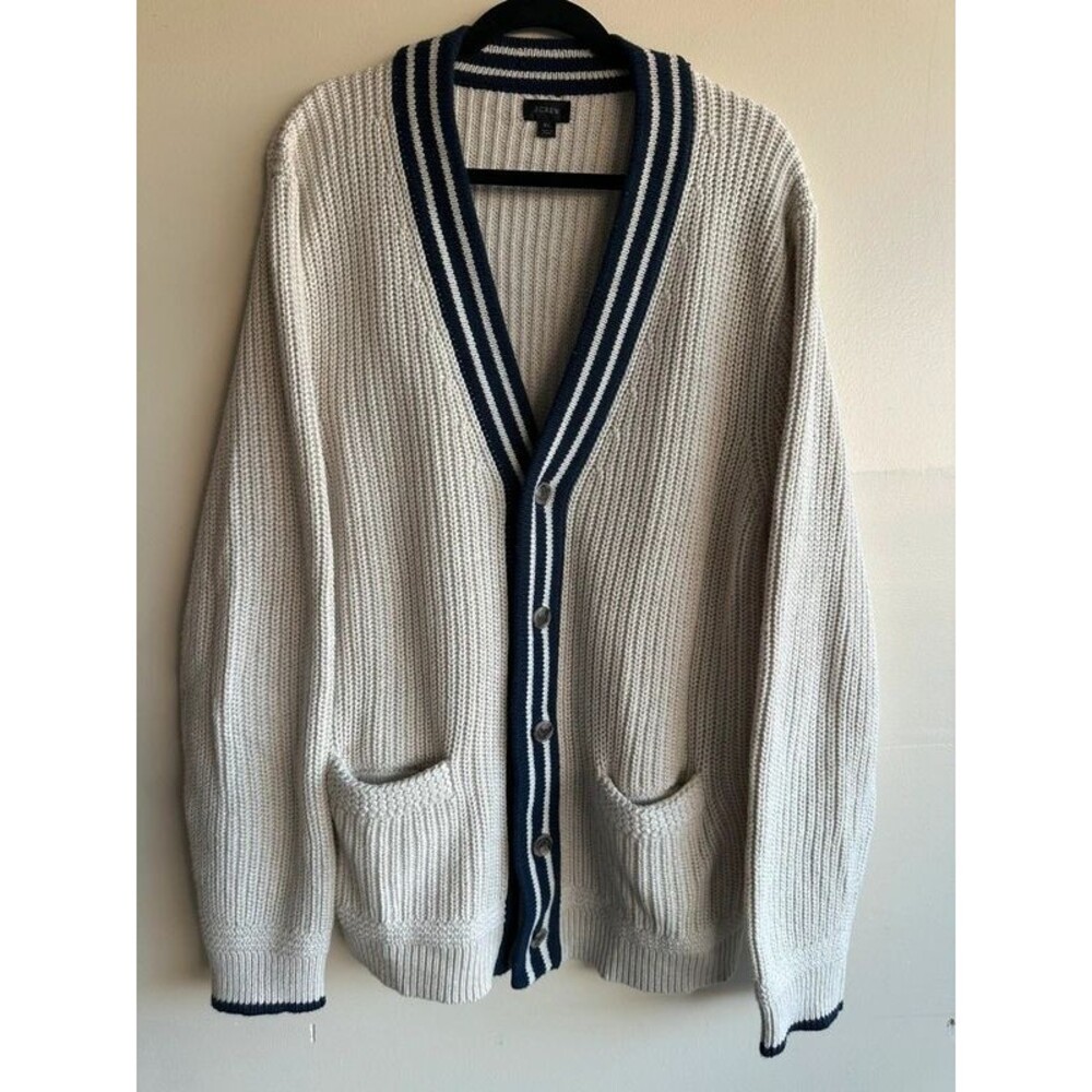 J.Crew Cotton Varsity Chunky Knit Cardigan Cream Navy XL Preppy Button Front
